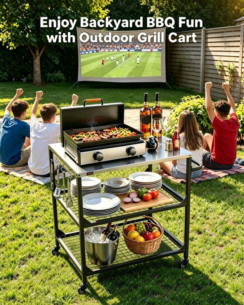 Carro para Parrilla Exterior, Mesa de Parrilla de Acero Inoxidable de 800 x 610 mm, Mesa de Cocina para Exteriores con 4 Ruedas y Asa Lateral, Dos Estantes de Malla, Barbacoa