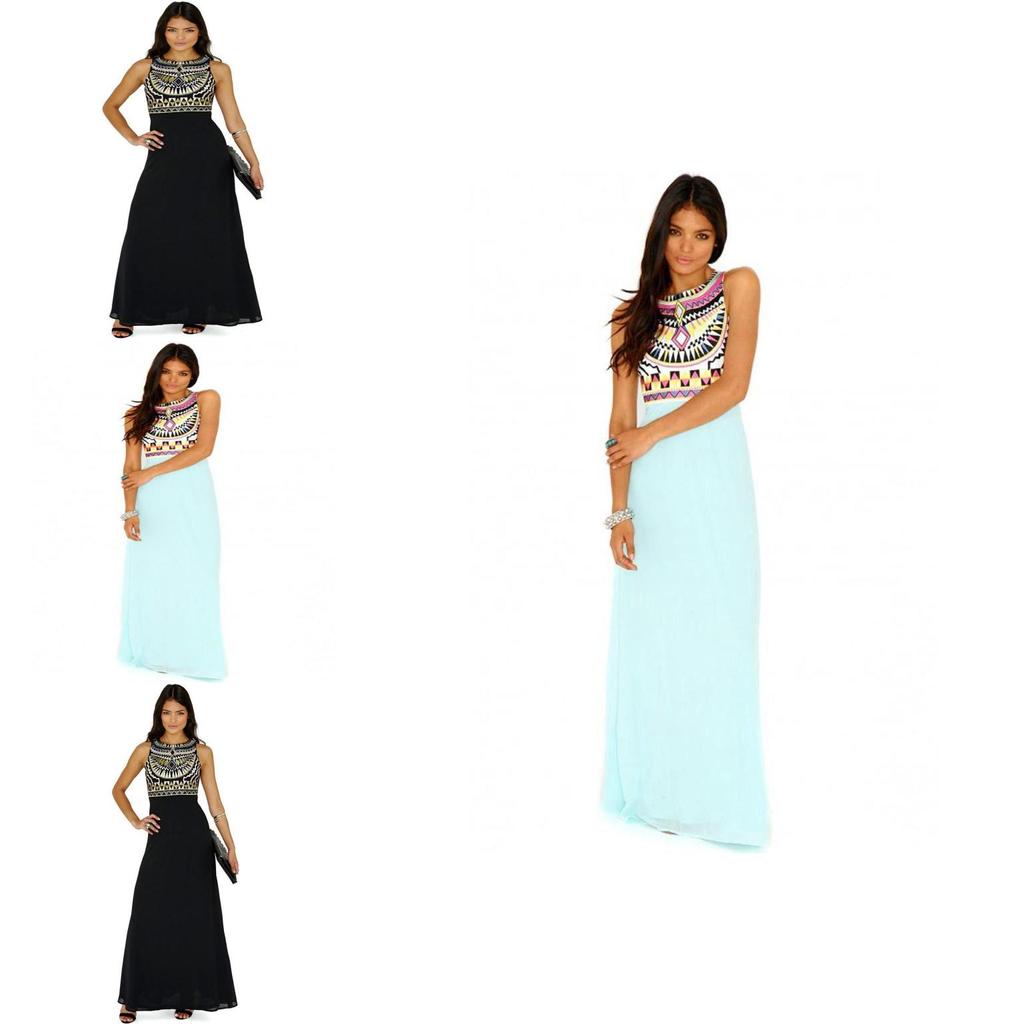 Elegant Women Round Neck Sleeveless Geometric Print Chiffon Dress Long Floor Length Stylish Casual Attire
