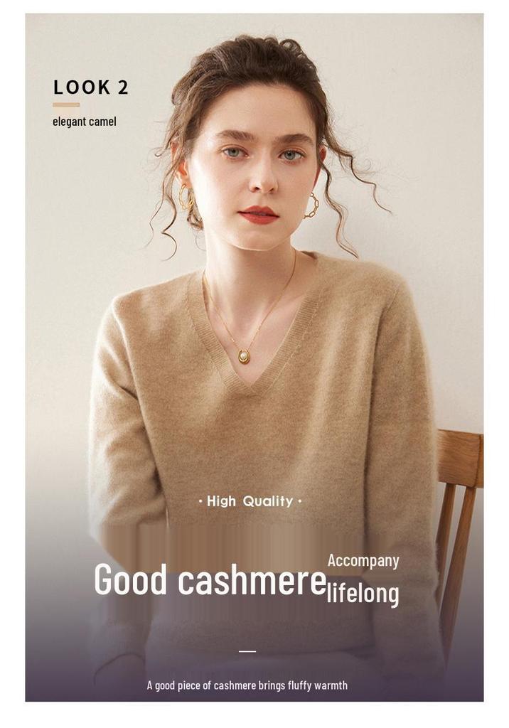 Women's Long Sleeve V-Neck Cashmere Knit Base Layer Top: Versatile, Loose, and Slimming Sweater Innerwear.