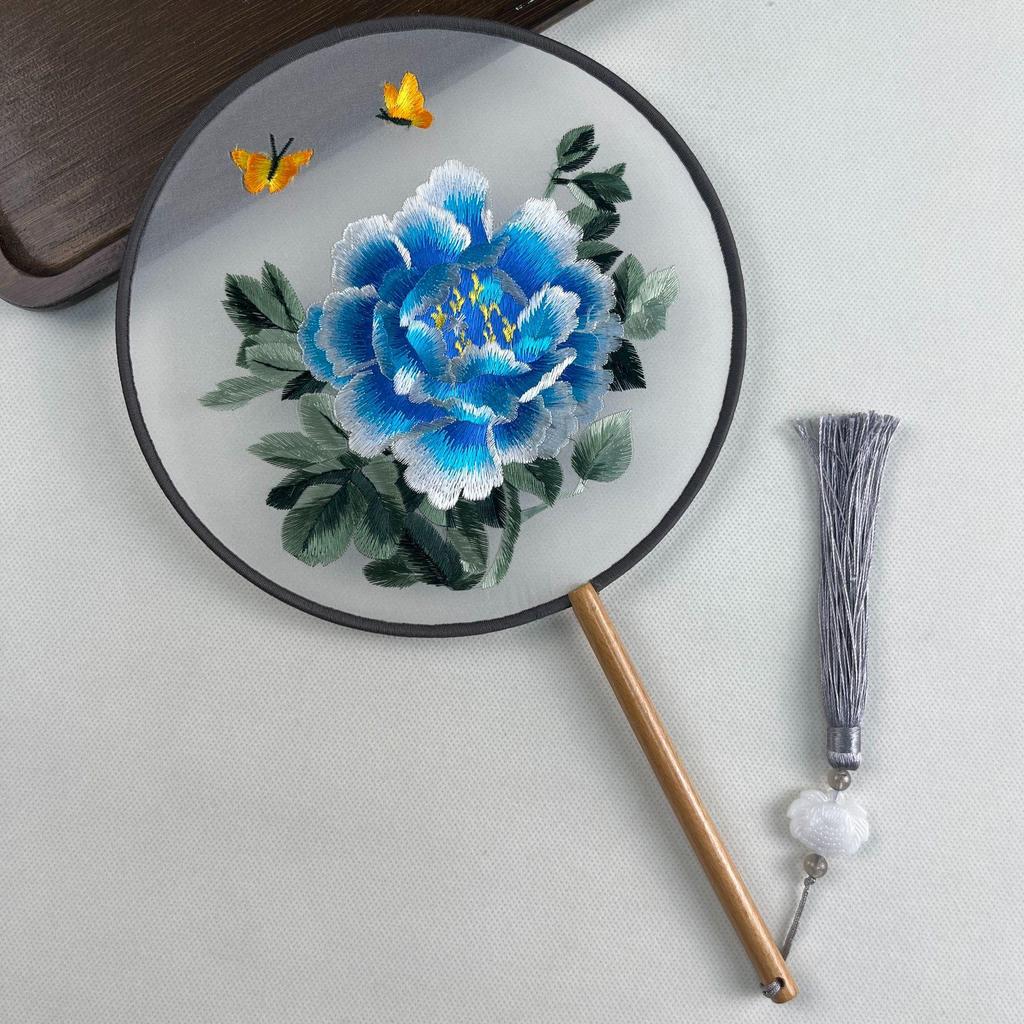 Ancient Chinese Round Hand Fan: Suzhou Double-Sided Embroidery with Peony Design for Hanfu Dance