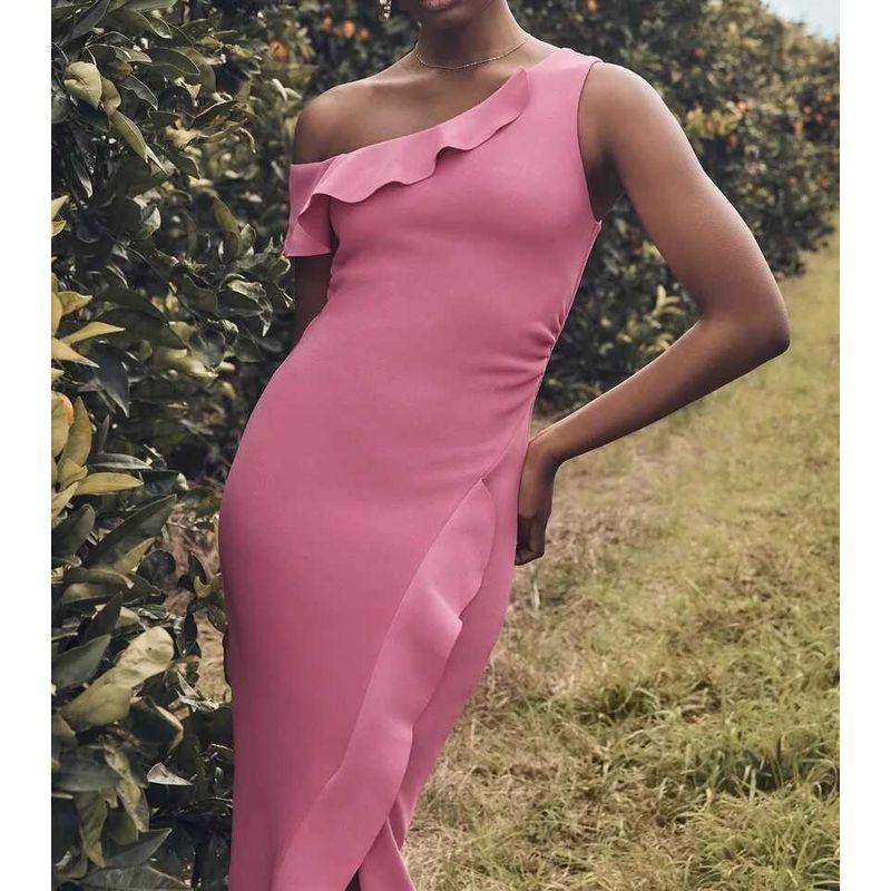 

Export Single FN Lady Elegant and Personalized Fashion One Shoulder Ruffles Slim Looking Easiest for Match Summer New Arrival Dress Women Dark pink 2XL(AUS16)