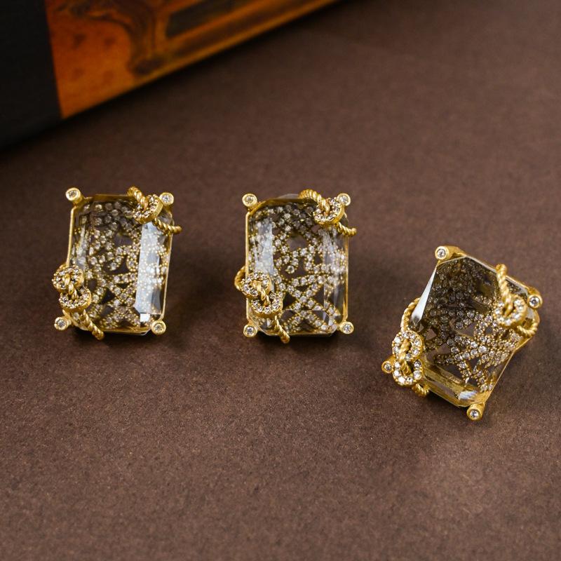 Luxury Designer Transparent Crystal Earrings Stud Ring Square Winding Gold Color Vintage Jewelry High Quality Accessories