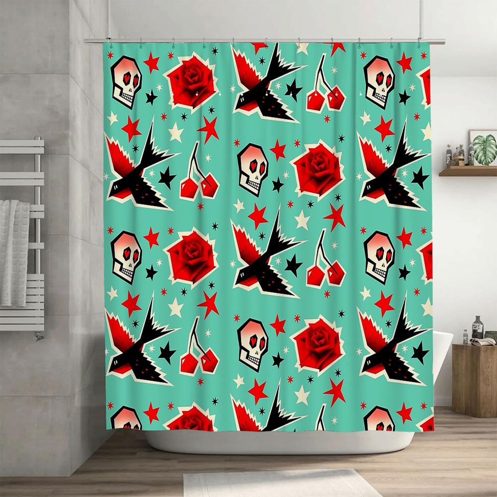 Vintage Skull Tapestry Shower Curtain Gothic Halloween Decor Black Red Skull Pattern Washable Bathroom Curtains Spooky Home Deco