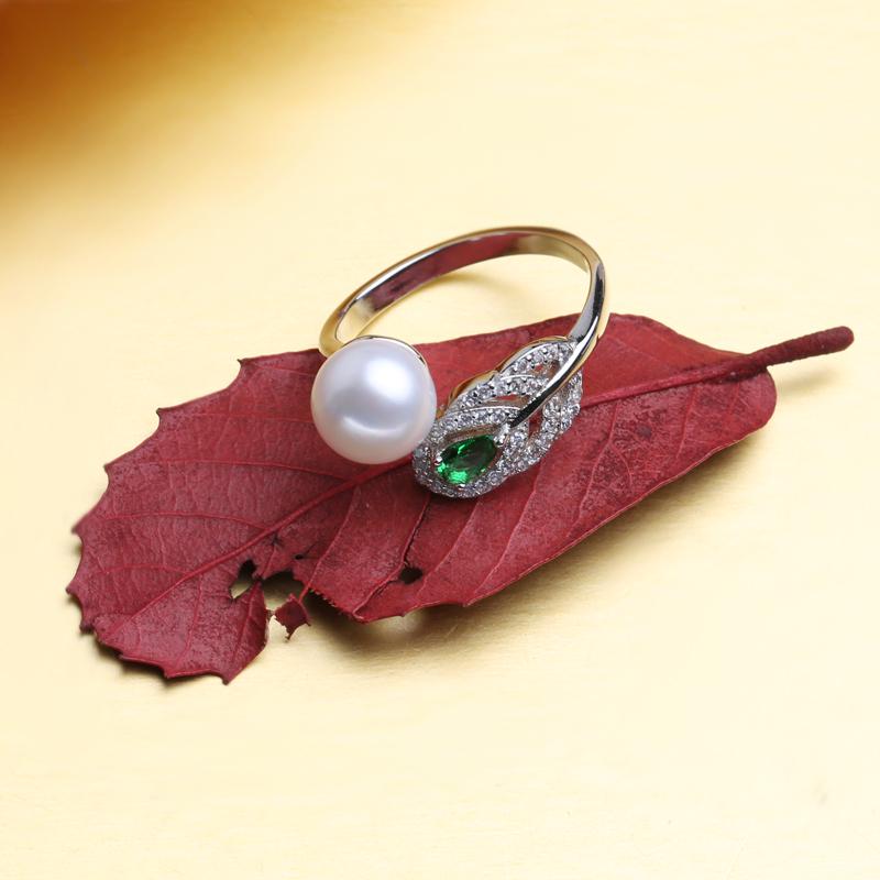 Fenasy Natural Freshwater Pearl Rings For Women Dainty Bohemia Green Crystal Feather Adjustable Ring