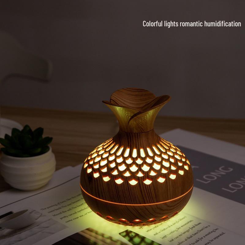 USB Wood Grain Flower Vase Humidifier: Silent Aroma Diffuser with Colorful Night Light for Home and Office