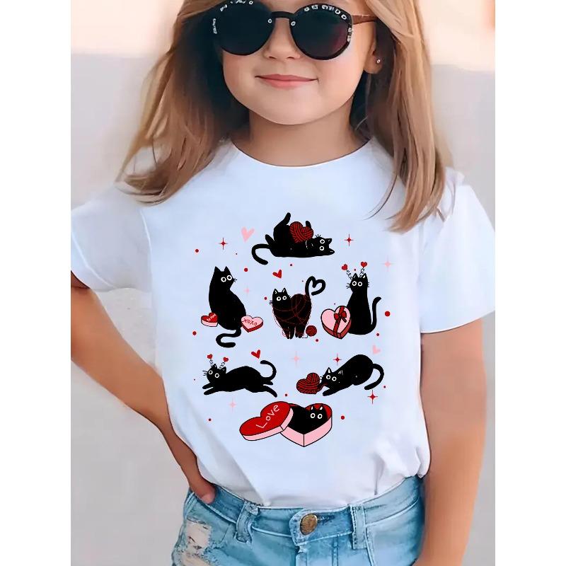 

European sizes Girls Summer Short Sleeve T-Shirt with Kitten & Heart Box Love Letter Print - Cute Cat & Heart Applique Round Neck Blouse 98cm белый
