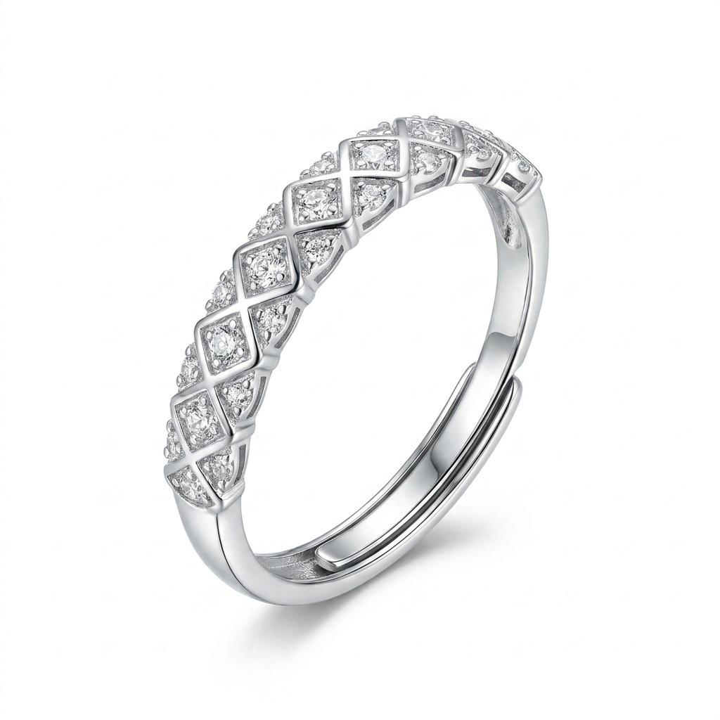 S925 Sterling Silver Open Adjustable Women's Ring with Diamond-Encrusted Lattice - Exquisite and Luxurious Accessory