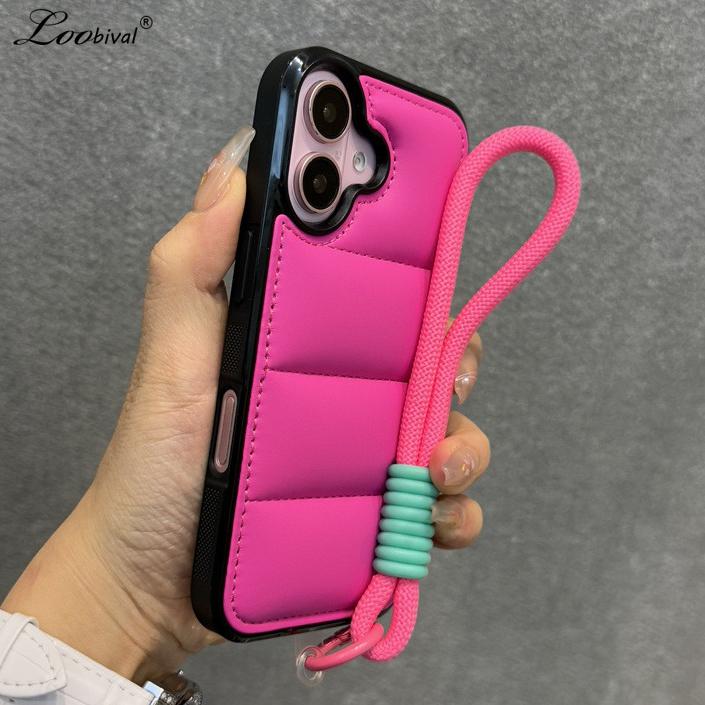 Módní péřová bunda Pouzdro s popruhem na zápěstí pro iPhone 15 16 Pro Max 14 Plus 11 12 13 S šňůrkou Jednobarevné Měkké Nárazuvzdorné Pouzdro