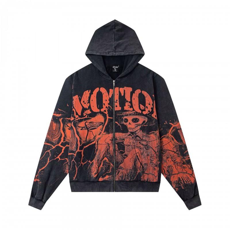 Mens Oversized Hooded Zip-Up Sweatshirt With Rhinestone Letter Print Cotton Streetwear