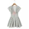 House Style French Sweet Floral Bow Striped Lace V-Neck Mini Dress Women