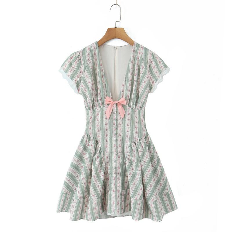House Style French Sweet Floral Bow Striped Lace V-Neck Mini Dress Women