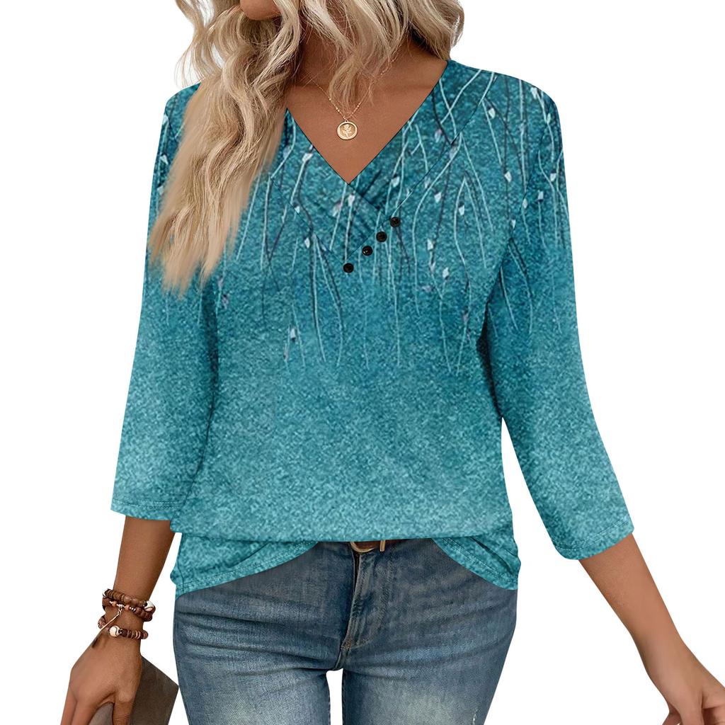 Womens 3/4 Sleeve Daily Weekend V Neck Casual Printed Tshirts Loose Fit Pleated Tees Button Down Shirts