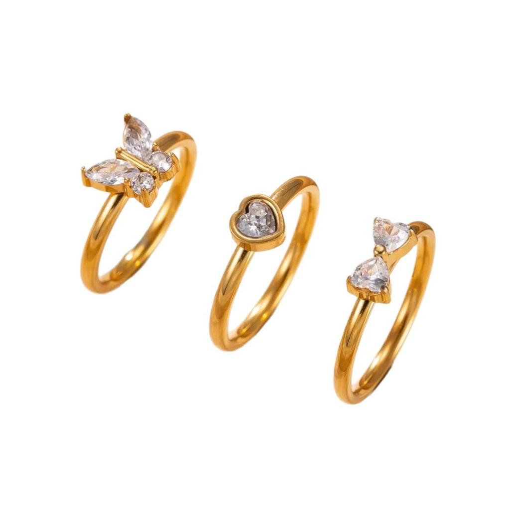 European Golden Ring Set: Shiny Rhinestone Butterfly, Heart & Bow Design in Stainless Steel