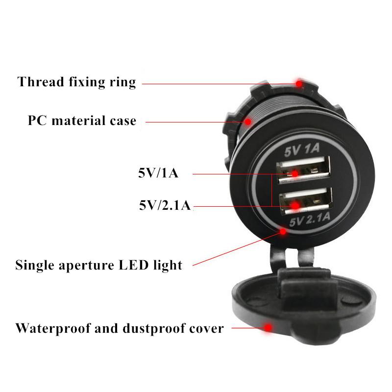 Universal Motorcycle Car Charger LED Light Dual USB Charger Power Socket 2.1A / 1A with USB Light for Motorbike USB Car Charger