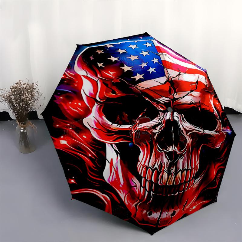 1pc Skull with Flames Automatic, Cute Cartoon Pattern, Portable Outdoor Umbrella, Perfect, Holiday Gift for fans.C052