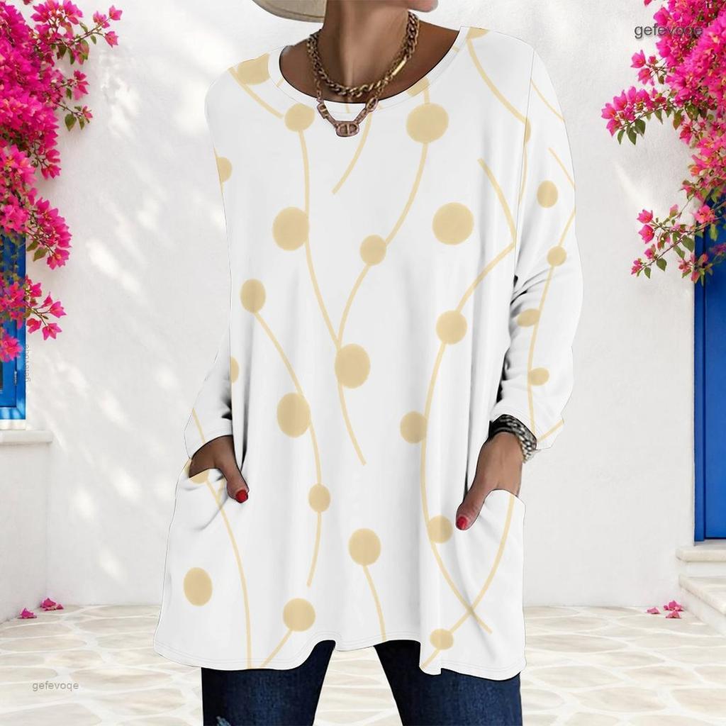 Women Plus Size Round Neck Long Sleeve Black Gold Green Printed Longline T Shirt With Pockets