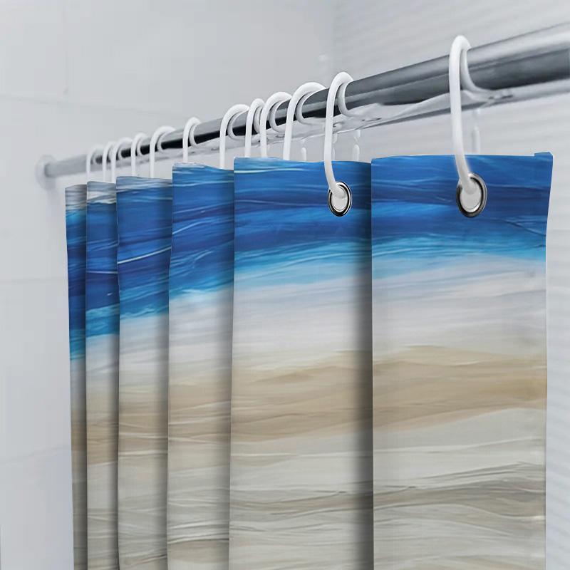 Blauer und weißer abstrakter Duschvorhang mit Strandszene zur Badezimmerdekoration Bedruckter Duschvorhang Wasserdichter Stoff Größe 180X200