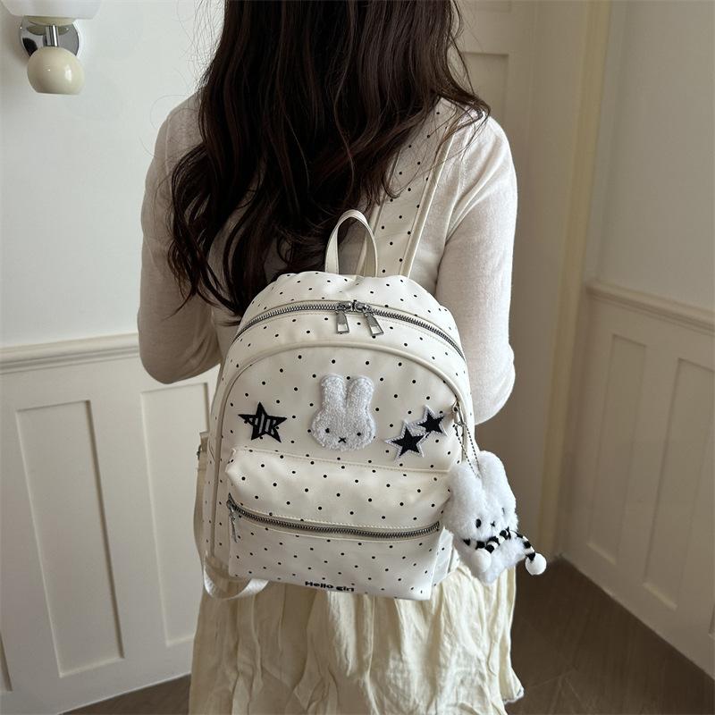 Schoolbag New Sweet and Cute Polka Dot Backpack Fashion Cartoon Plush Rabbit Schoolbag Casual Large Capacity Girl Backpack