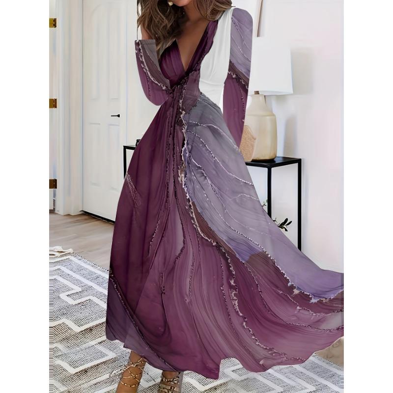 

YYFS Женская мода весна осень цветные блоки принт длинный рукав V-образный вырез высокая талия повседневные платья XL фиолетовый