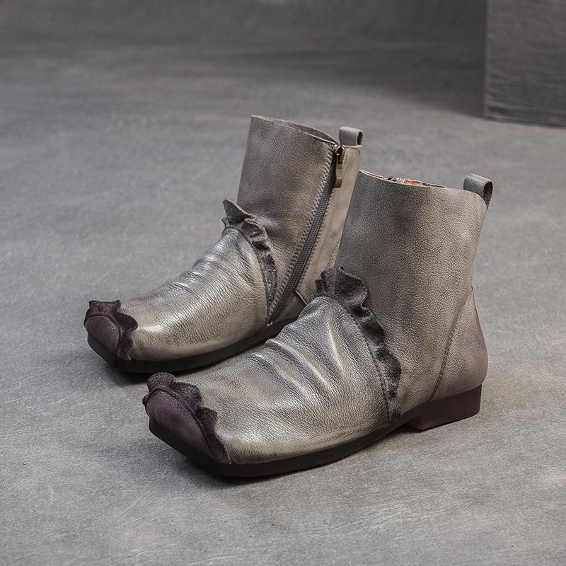 Johnature Kurze Stiefel aus weichem Rindsleder mit quadratischer Zehenpartie, vielseitige, bequeme Damenschuhe aus echtem Leder im Retro-Stil