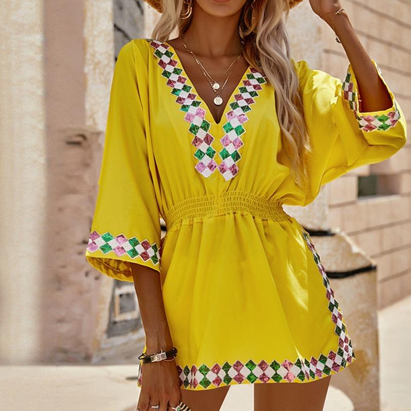 Boho Yaz Plaj Yarasa Kollu Gömlek Güneş Korumalı Kadın Elbisesi