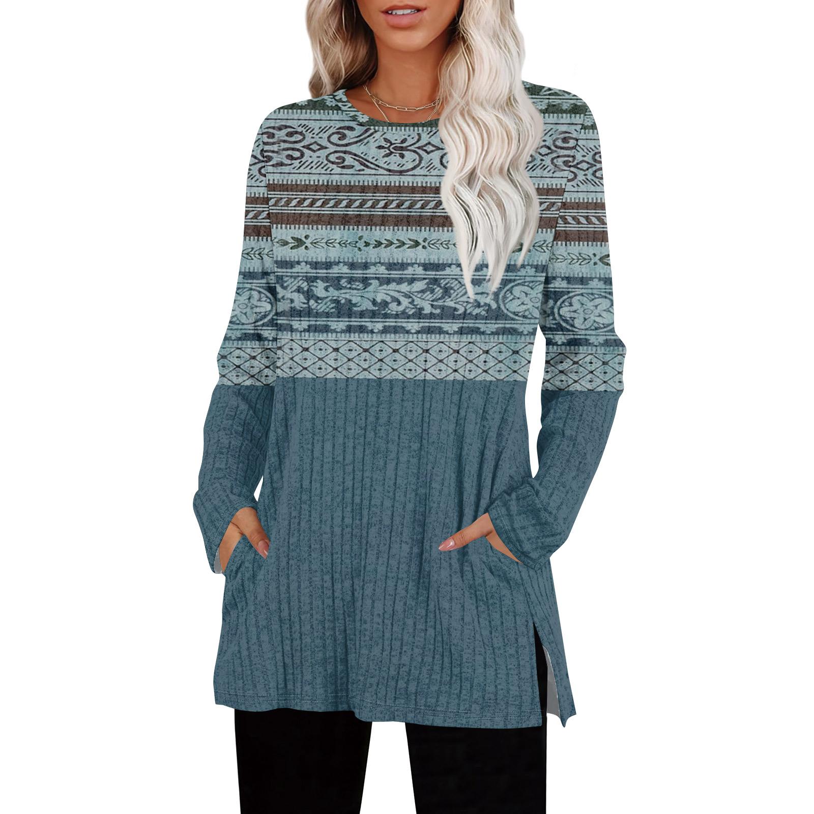 

Женские свитера с круглым вырезом, рубашки с длинным рукавом и карманами, осенние наряды, модная зимняя одежда, боковой разрез L синий