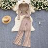 Autumn Elegant Slim Two Pieces Sets Women Metal Buckle O-Neck Sweater High Waist Wide Leg Pants Knitted Sets