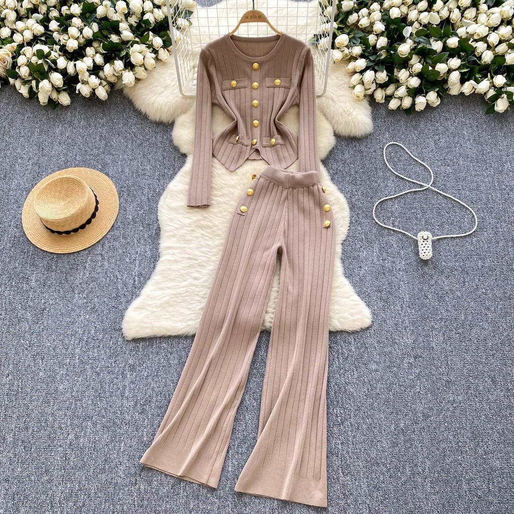Autumn Elegant Slim Two Pieces Sets Women Metal Buckle O-Neck Sweater High Waist Wide Leg Pants Knitted Sets