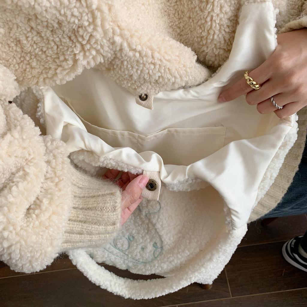 Autumn Winter Cute Girl Plush Vest Bag Sweet Student Embroidery One Shoulder Tote Bag