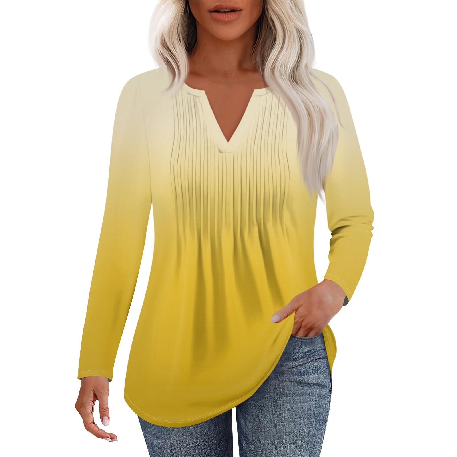 

Женская Мода Повседневная Плиссированная Футболка с V-образным Вырезом Однотонная с Длинным Рукавом Элегантные Топы XL жёлтый