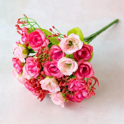 1 Bukett Ros Konstgjord Blomsterbukett 21 Huvuden 7 Grenar Liten Konstgjord Bukett Blomma Bröllop Heminredning Utan Vas