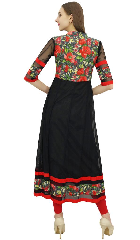 Bimba Women's Long Flared Black Anarkali Kurti Kurta Indian Classic