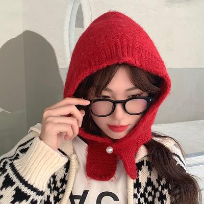 New Year's Red Hat Scarf  One Piece Women's Winter Korean Style Warm Knitted Woolen Hat  Ear Protecting Balacrafa