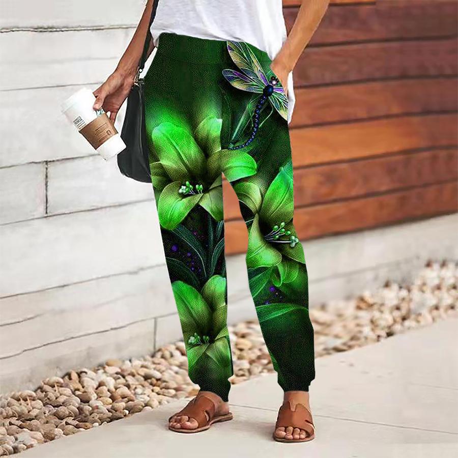 Damen Hose mit Blumendruck zum Schnüren Elastischer Bund Weite Hose Lässige Lange Hose Hose mit Taschen