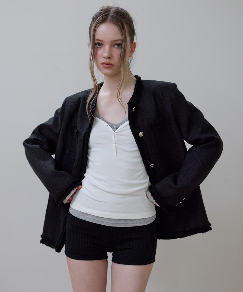 ROSEFRANTZ Fringe Pocket Tweed Jacket [Black]