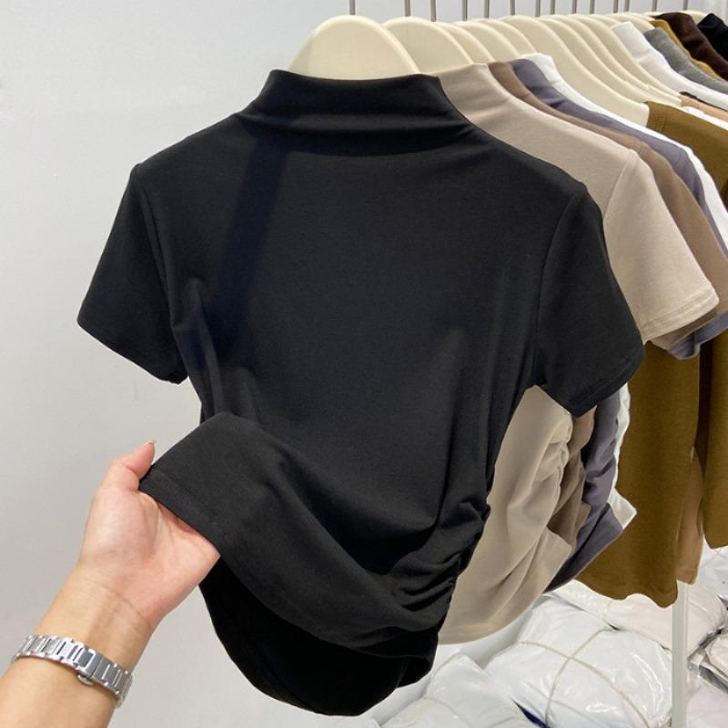 Tricou de bază cu gât semi-înalt și mâneci scurte, din bumbac pur ușor, pentru primăvară, vară și toamnă, cămașă mică mulată, top elegant