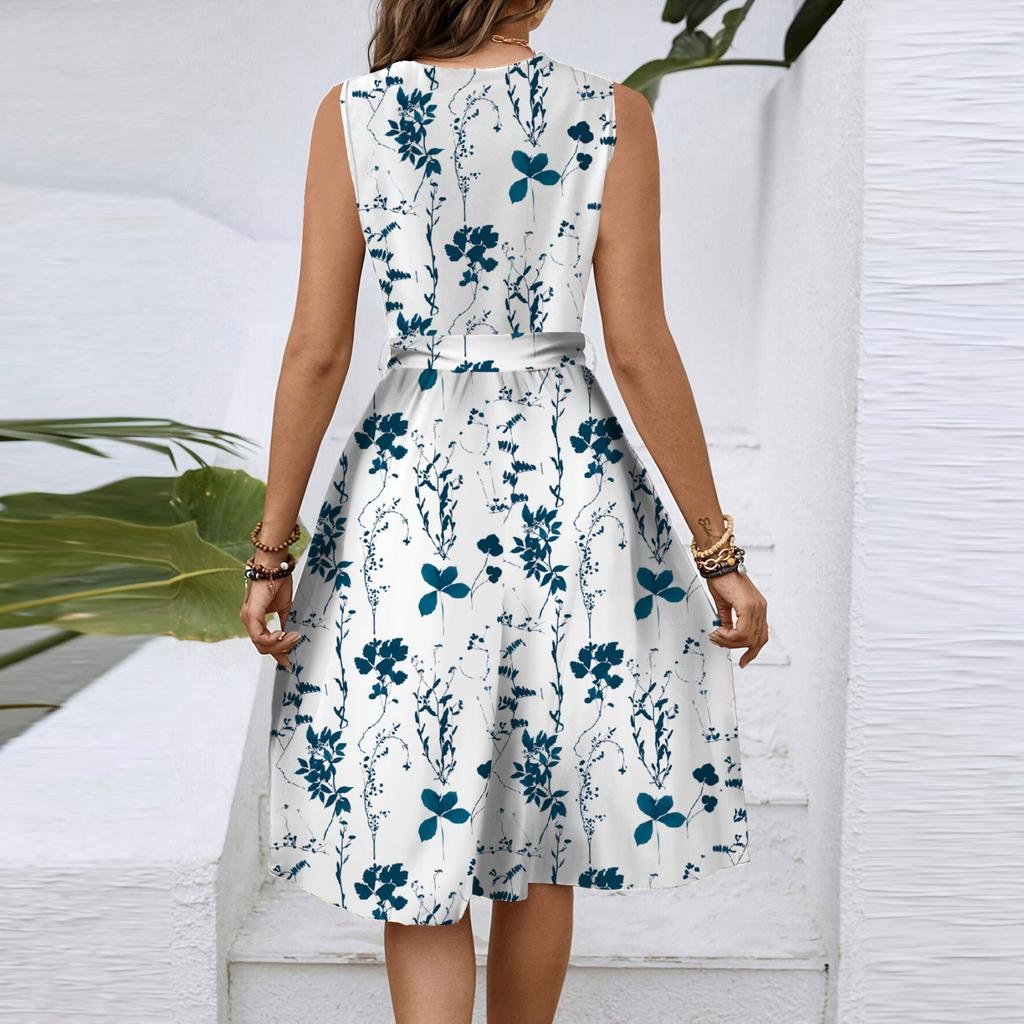 Women's Spring And Summer Casual V-Neck Sleeveless Waist Floral Print Midi Dress