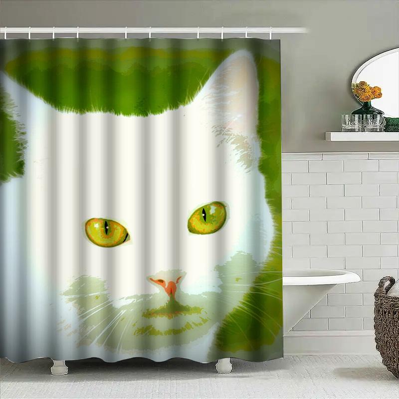 Whimsical Bathing Cat Shower Curtain Modern Green Floral Design For Bathroom Decoration Extra Large Printed Waterproof Polyester