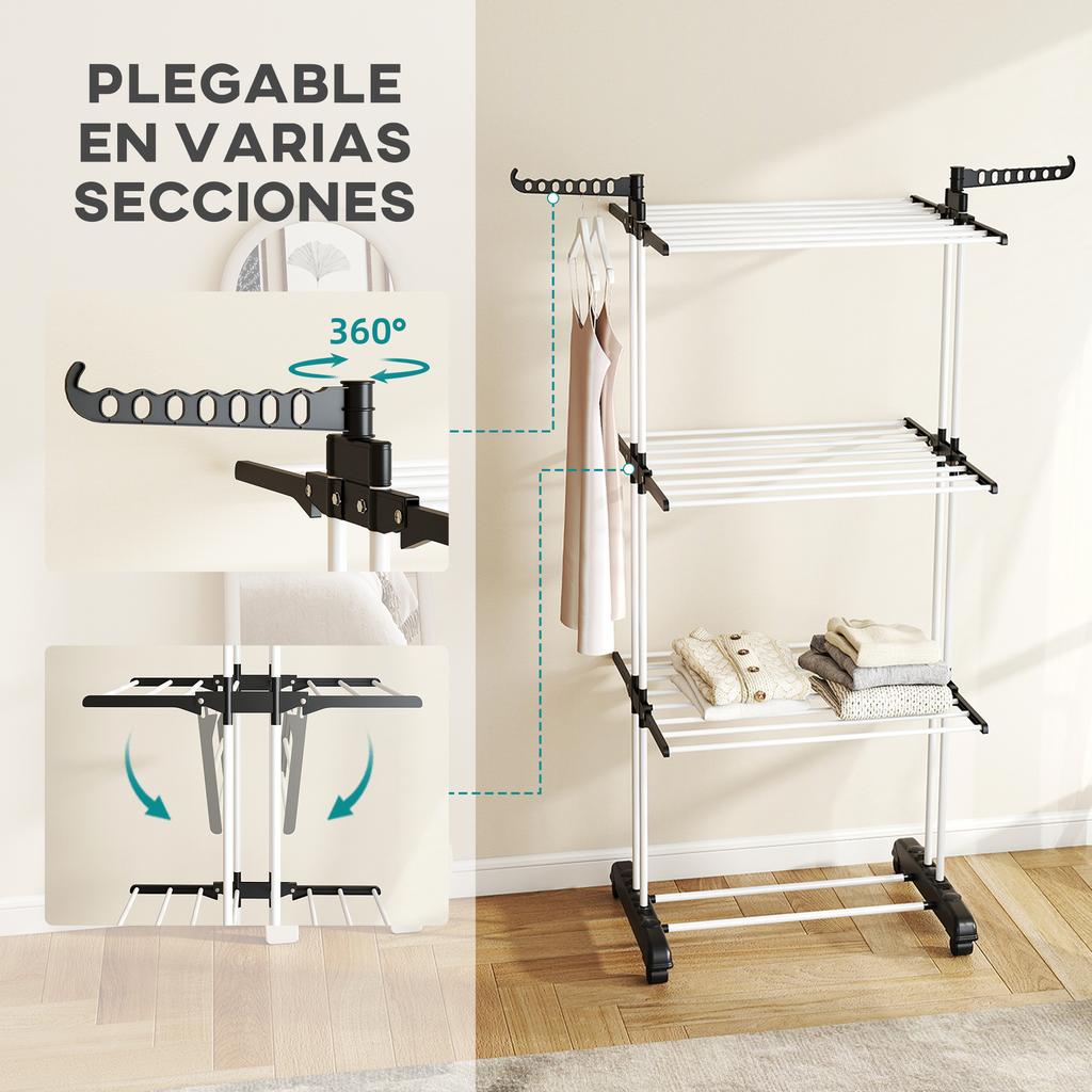 Foldable 3-Tier Clothes Drying Rack with Wheels, Wings and Hangers, 73x64x172cm, Black & White