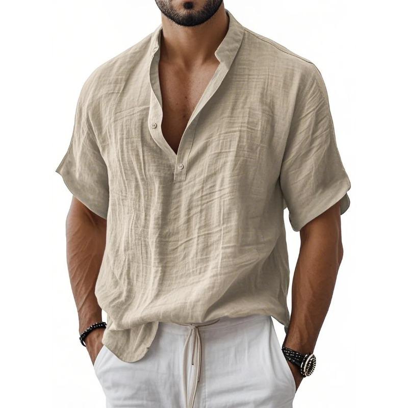 Men Mandarin Collar Short Sleeve Henley Shirt Crinkle Texture Casual Summer Top