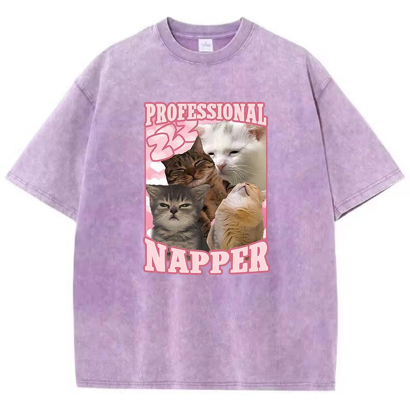 Aesthetics Kawaii Cat T Shirt Vintage Washed Cotton T-Shirt Graphic Tee Casual Streetwear Spring Summer Clothes