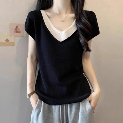 2026 Spring Women's Short-Sleeve Faux Two-Piece Ice Silk Top - Flattering Cover-Up T-Shirt for Summer