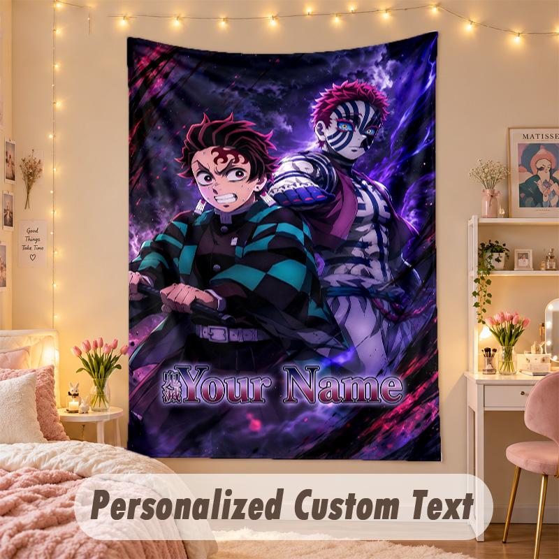 Custom Personalized Tapestry,Demon Slayer Print Custom Name Text Wall Art Hanging for Bedroom