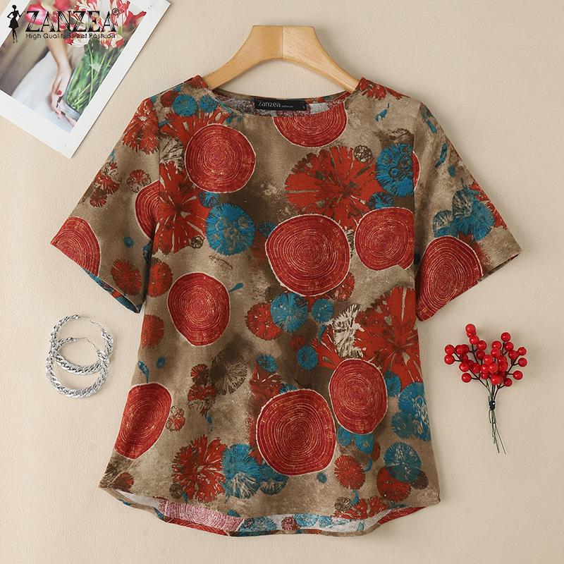 

ZANZEA Womens Print Casual Round Neck Loose Half Sleeve Blouse S красный