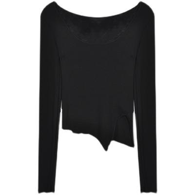 Graues T-Shirt Damen Herbst Eng Schlank Langarm Basisshirt Neues Kurzes Design Studenten Oberteil
