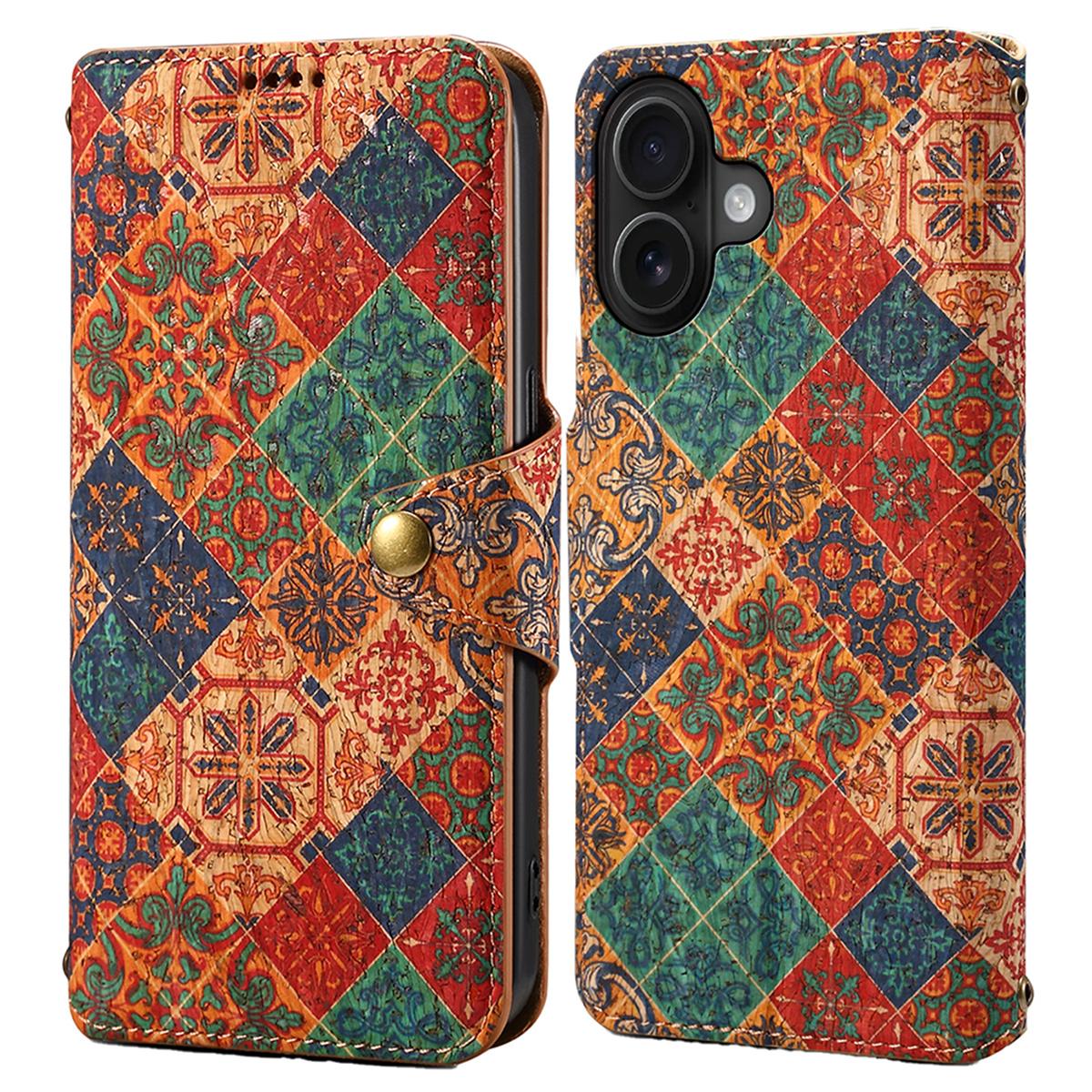 

For iPhone 16 Case Flower Printing Stand PU Leather Protective Phone Cover Winter