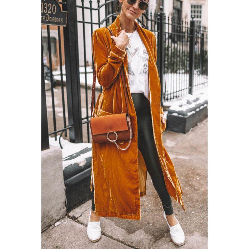 Fashion Loose Gold Velvet Stretch Mid Length Trench Coat