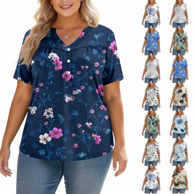 Haut imprimé oversize à manches courtes et col en V, coupe décontractée et tendance pour femme