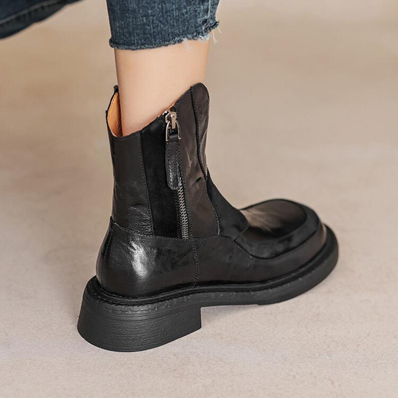 Fashion NEW Autumn Women Boots Genuine Leather Shoes for Women Round Toe Chunky Heel Shoes Zip Platform Boots Casual Black Ankle Boots