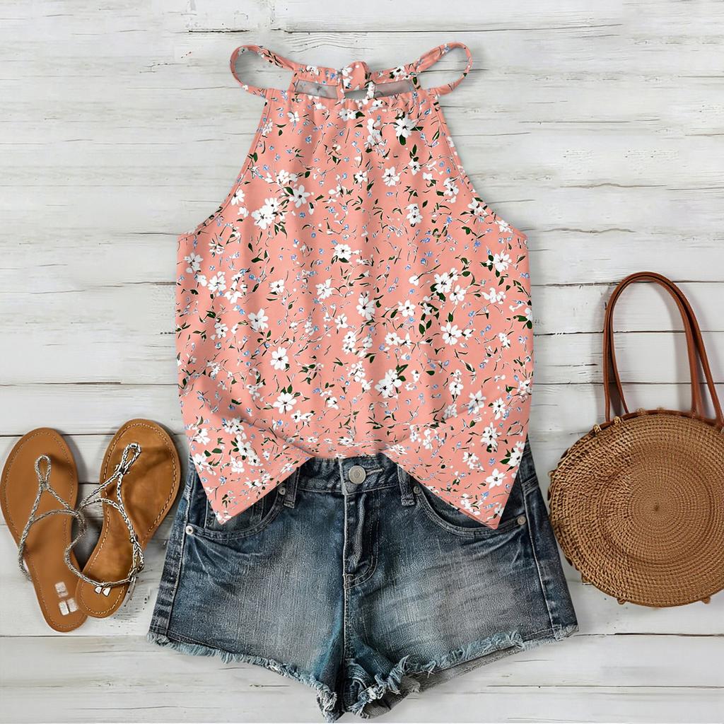 Women Sleeveless Bohemian Floral Print Tank Top Loose Fit Neck Blouse Casual Summer Lightweight Camisole Shirt